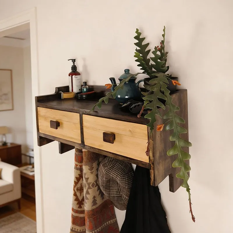 Sycamore OAK Wooden Wall Shelf with Drawers & Key Holders media 3