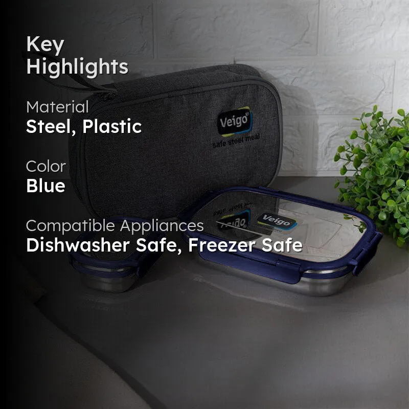 Delico Pack Blue Lunch Box With Insulated Pouch (775 /150 mL) - Three Piece Set media 2