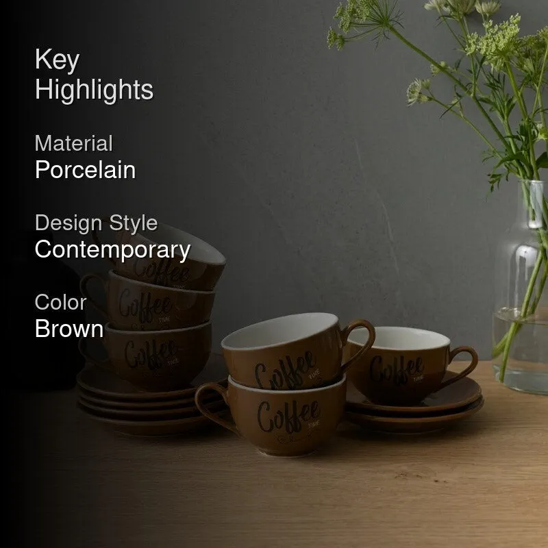 BrewBliss Porcelain Cup & Saucer (Brown/220 mL Each) - Set of Six - 2