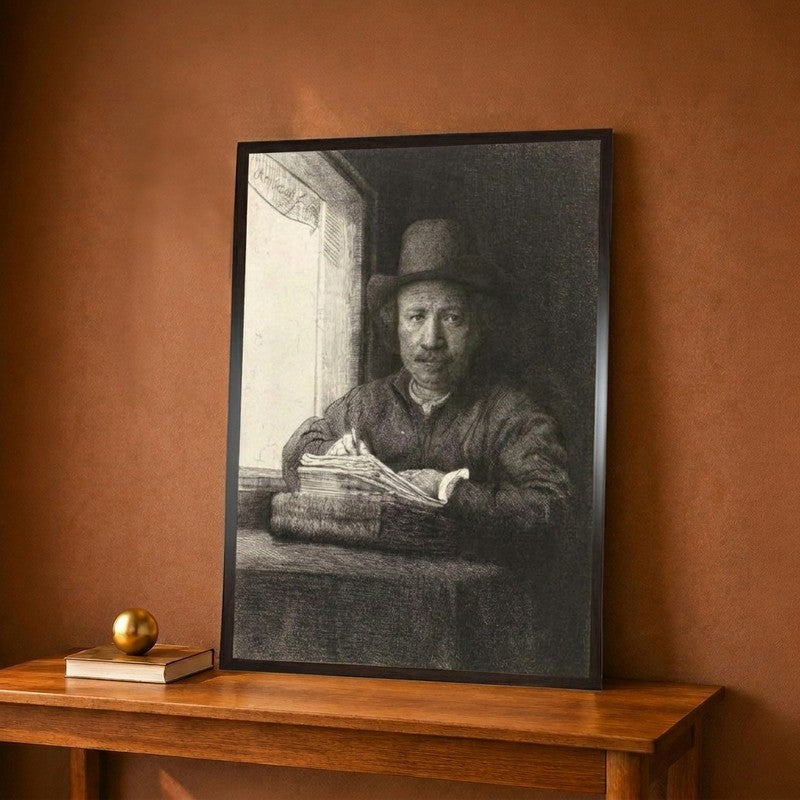 Self-Portrait Etching at a Window, 1648 Canvas Wall Painting - 9 x 12 Inches
