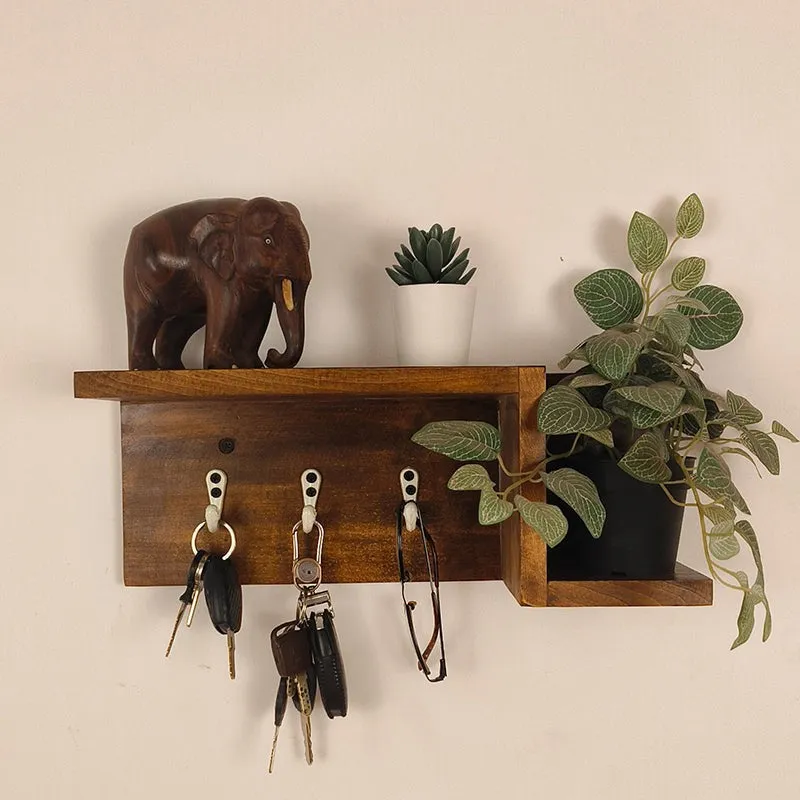 Brown wooden wall organiser with key hooks and a display shelf styled with plants.