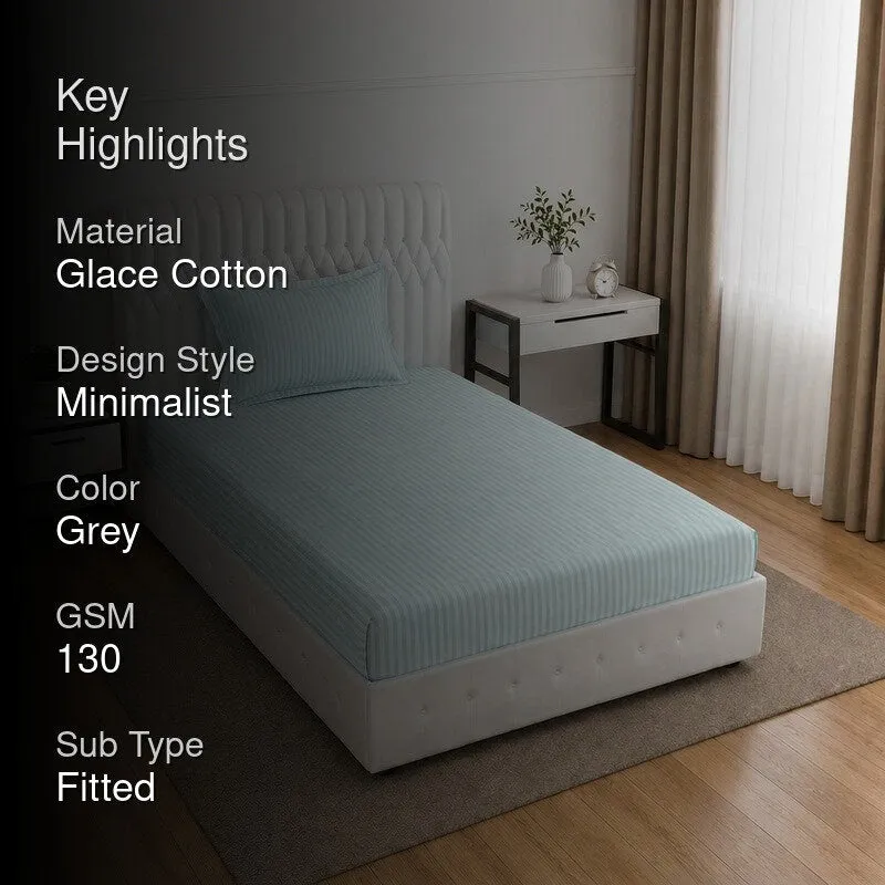 StripeScape Glace Cotton Fitted Bedsheet (Light Grey) - 130 GSM - 2