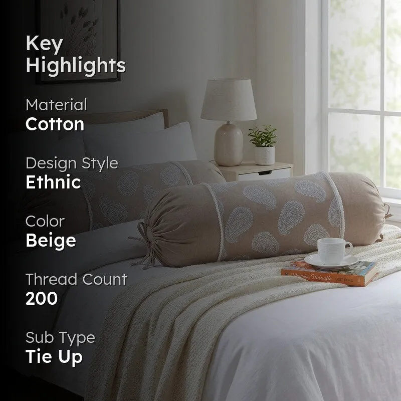 Beige paisley bolster covers shown with cotton, ethnic style and care highlights.