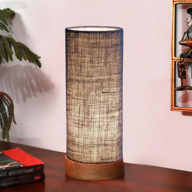 Nyra Tower Wooden Table Lamp With Jute Shade - Blue,Brown media 1