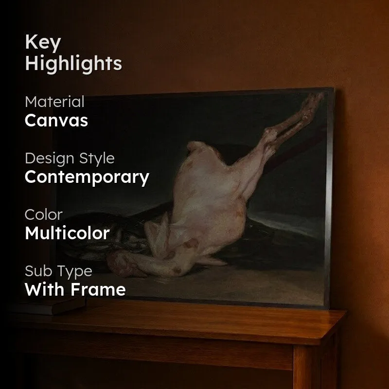 Framed plucked turkey hen painting styled on a console table