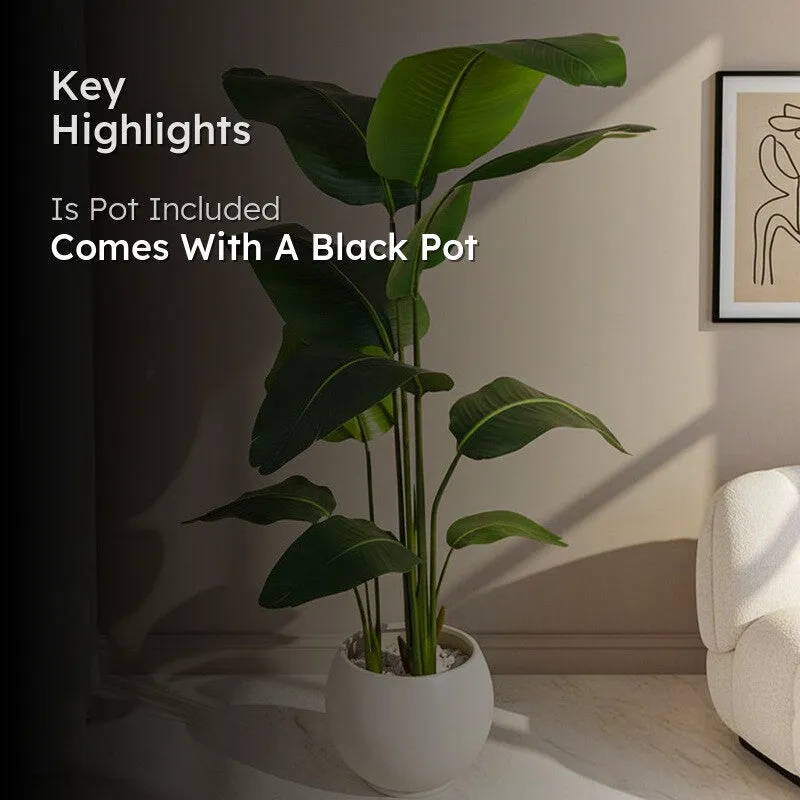 Artificial banana plant in a white pot displayed in a living room with highlight text