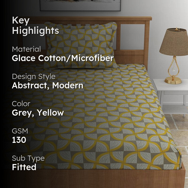 Selenia Floral Fitted Microfiber Bedsheet (Grey & Yellow) - 130 GSM media 2