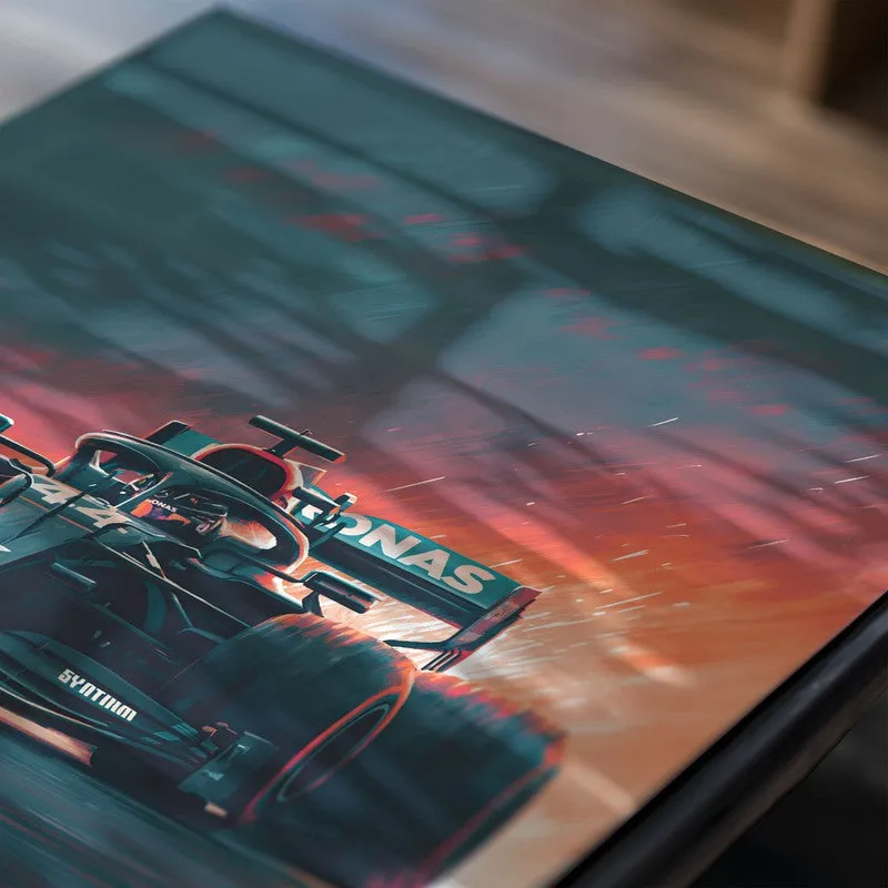 Close-up of a glossy racing car poster in blue and orange tones