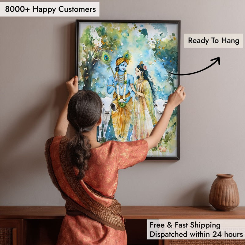 Sri Radha Krishna Spiritual Archival Paper Wall Painting With Frame - Black media 6