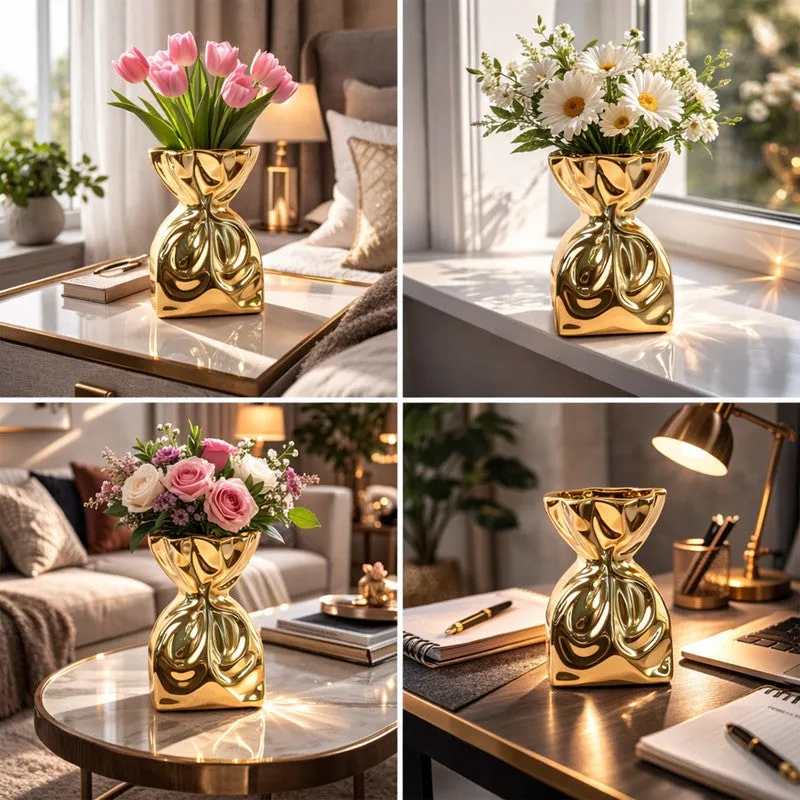 Collage of four styled settings showing the gold sculptural vase with flowers and alone