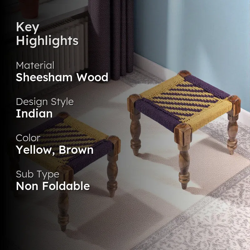 Izeno Sheesham Wooden Stools (Yellow,Brown) - Set Of Two media 2