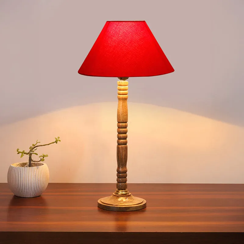Glow Mesa Table Lamp With Carved Wooden Base - Red,Brown media 1