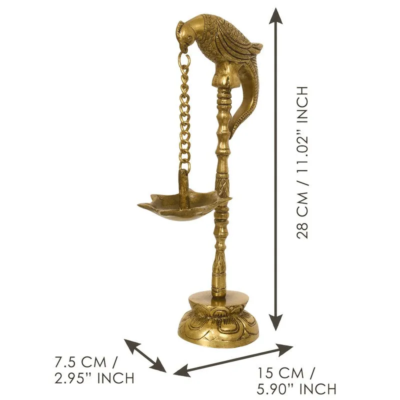 Gold parrot hanging diya shown with arrows indicating its height and base dimensions.
