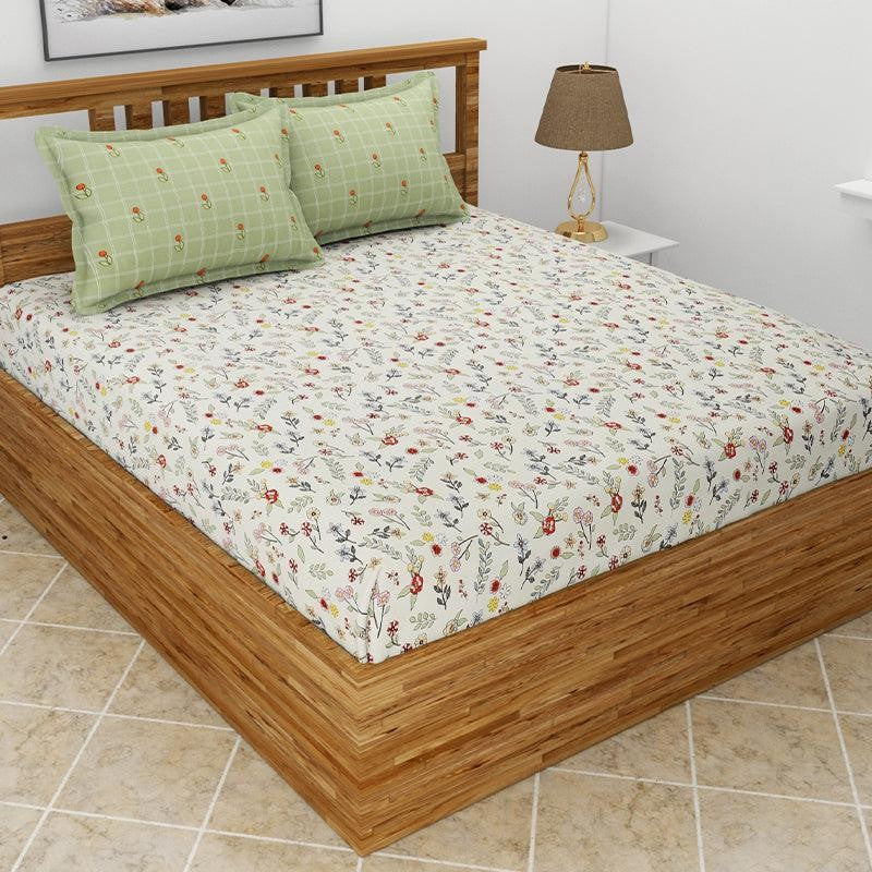 Fleur Floral Microfiber Bedsheet (White & Green) - 130 GSM media 3