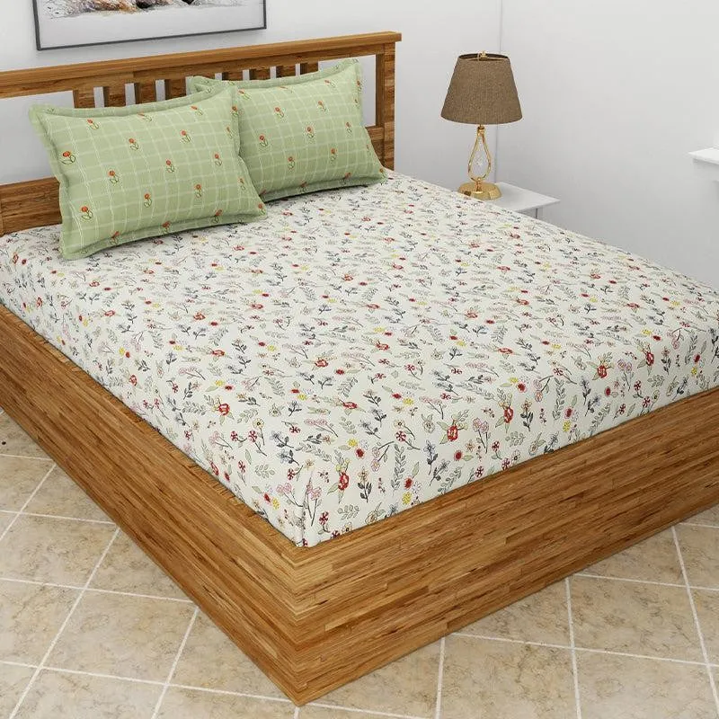 Fleur Floral Microfiber Bedsheet (White & Green) - 130 GSM media 3