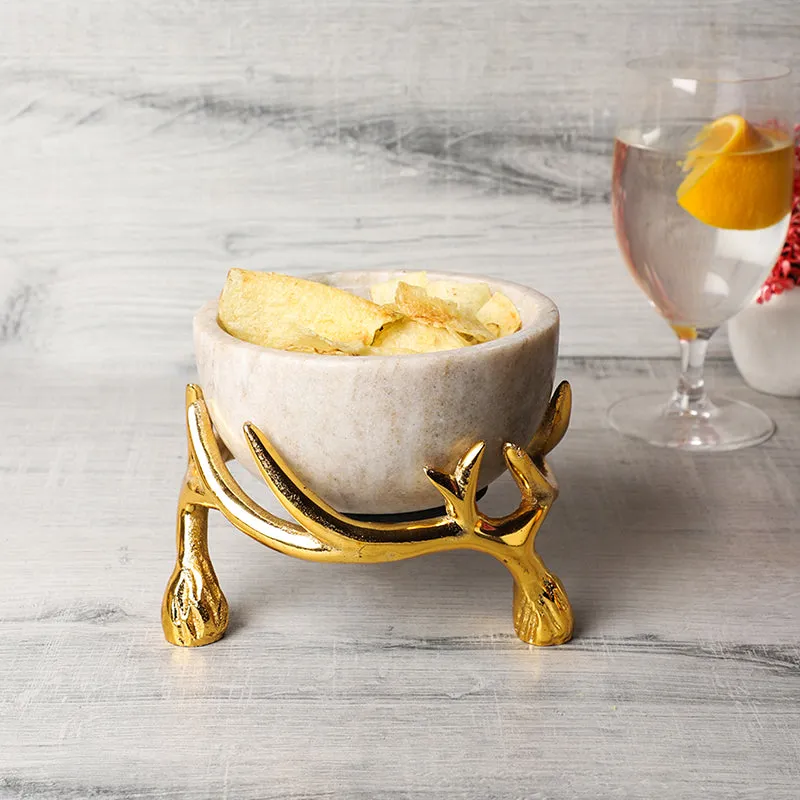 Carrara Cradle Marble Serving Bowl With Metal Stand (Beige) - 300 ML media 1