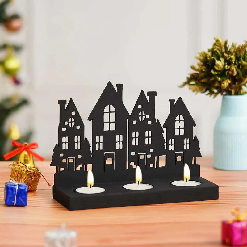 Holiday Village Wood Christmas Tea Light holder - Black media 1