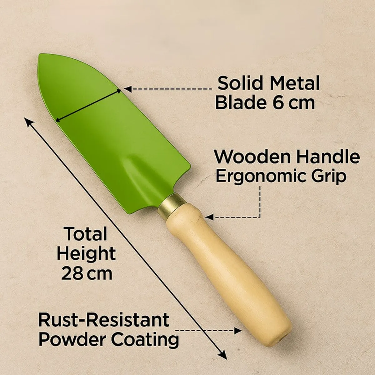 Close view of the green trowel showing its wooden handle and metal blade.