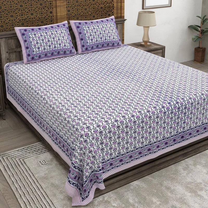 Blossomis Cotton Bedsheet (Purple,White) - 240 TC media 1