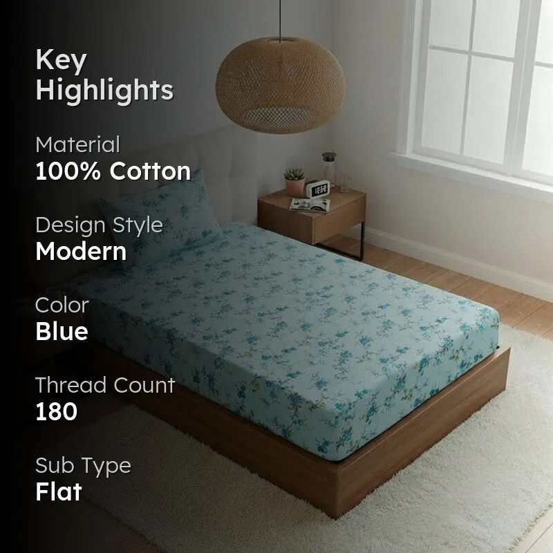 Esmeralda Floral Printed Cotton Bedsheet (Blue) - 180 TC media 2