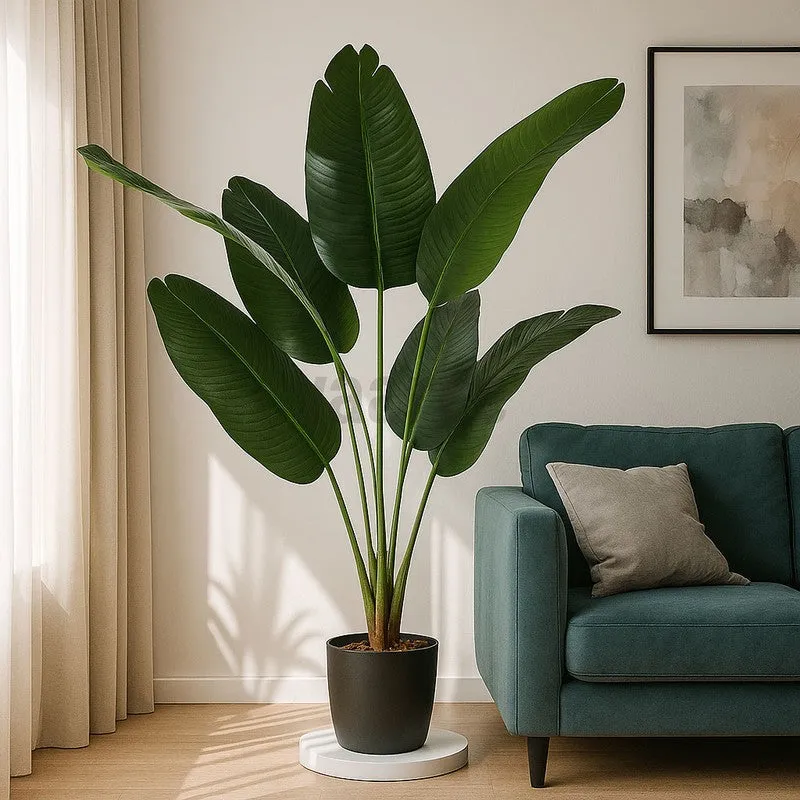 Faux Lush Bird of Paradise Plant With Black Plastic Pot (Dark Green) - 4 Feet - 3