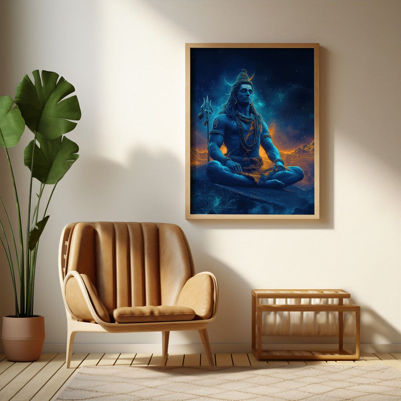 Peaceful Mahadev Meditating III Archival Paper Wall Art - Natural Brown Frame