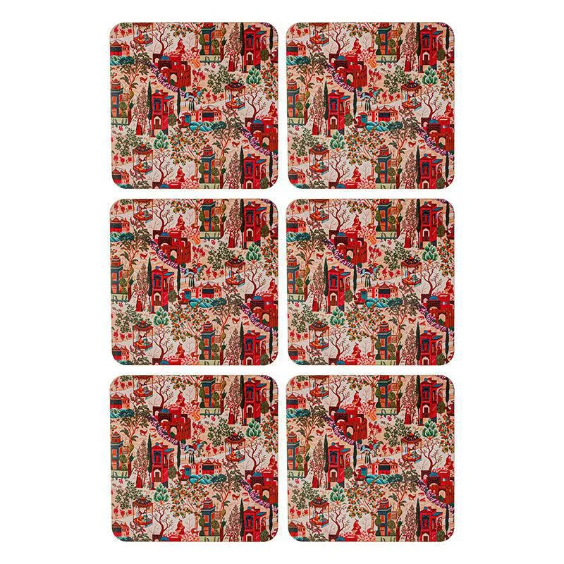 Six matching square coasters arranged in two columns on a white background