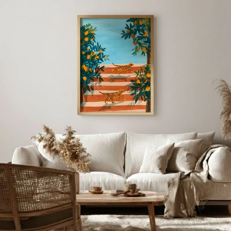 Tangerine Trees Canvas Wall Painting - Brown Frame media 1