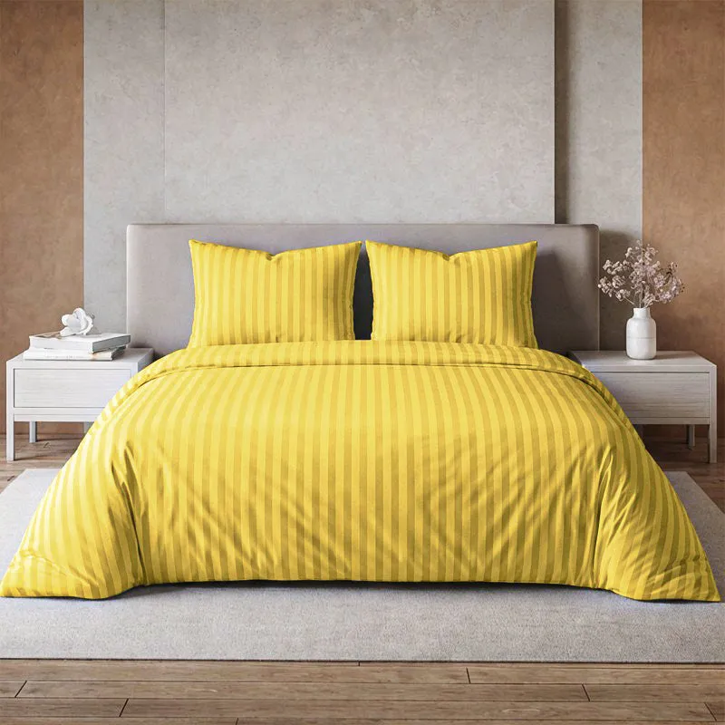 Le Coton Striped Solid Cotton Bedsheet (Yellow) - 250 TC media 1