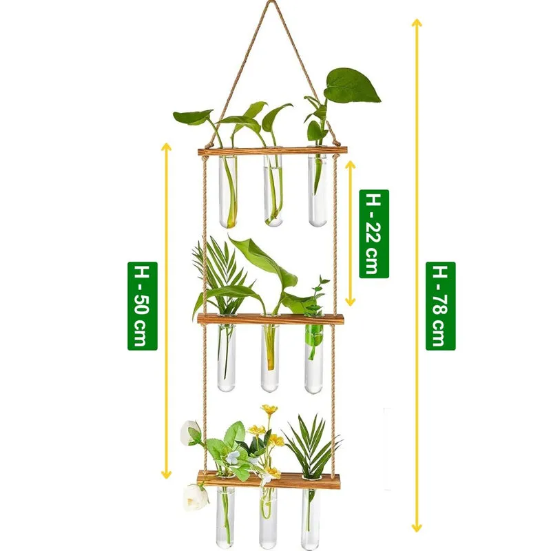 Vertical planter with wooden shelves and clear tubes shown with height markers