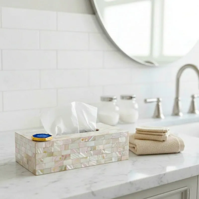 Suzzaine Handcrafted Mother Of Pearl & Agate Tissue Box - Blue & Beige media 6