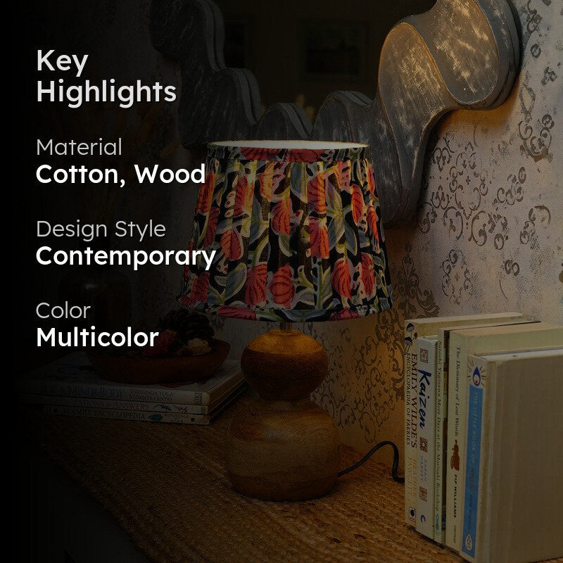 Floral Noir Wooden Base Cotton Table Lamp - Multicolor media 2