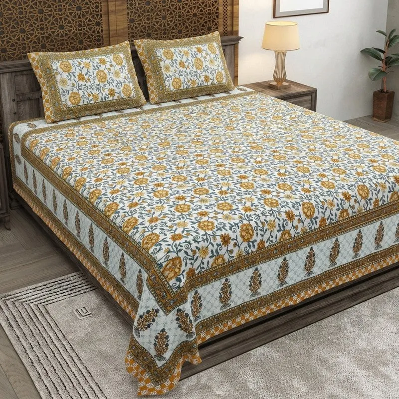 Petalet Cotton Bedsheet (Yellow,White) - 240 TC media 1