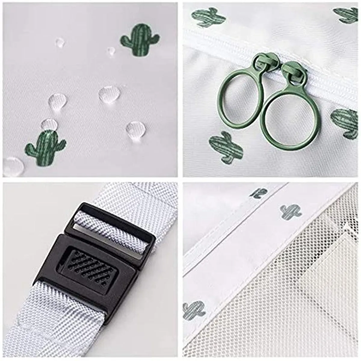 Close-up of cactus prints, zippers, buckle and mesh panel on the travel organisers.