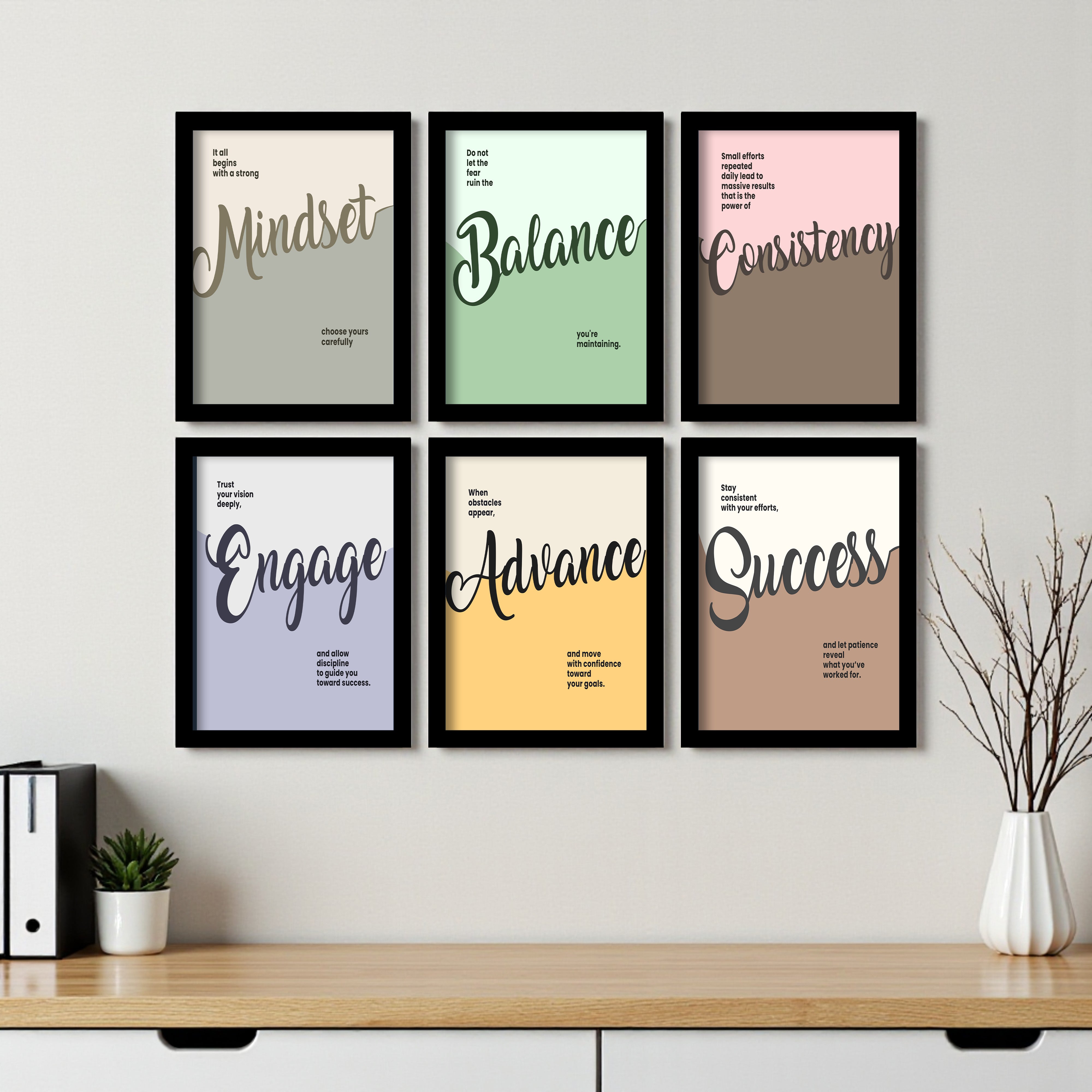 Wellness Quote Wall Painting With Frame - Set Of Six