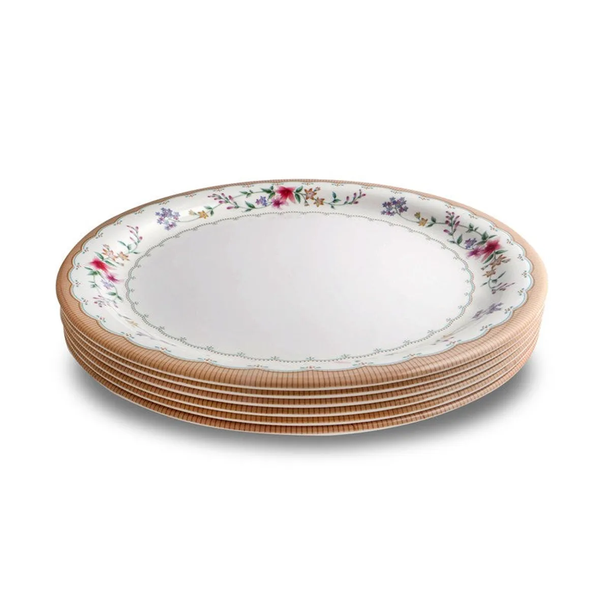 Stack of six white floral dinner plates shown from a low angle