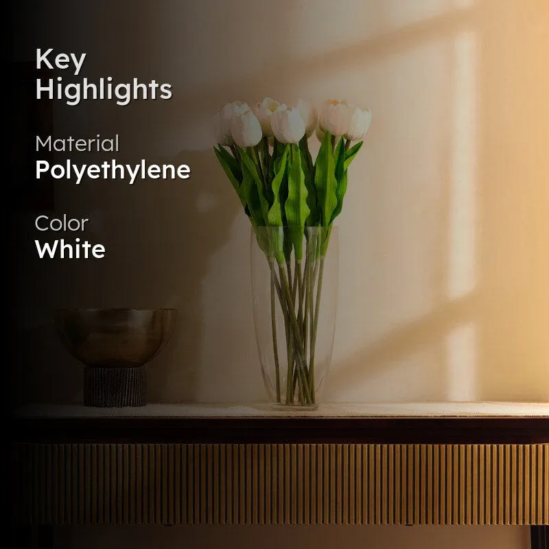 White artificial tulip arrangement shown with material and colour highlights