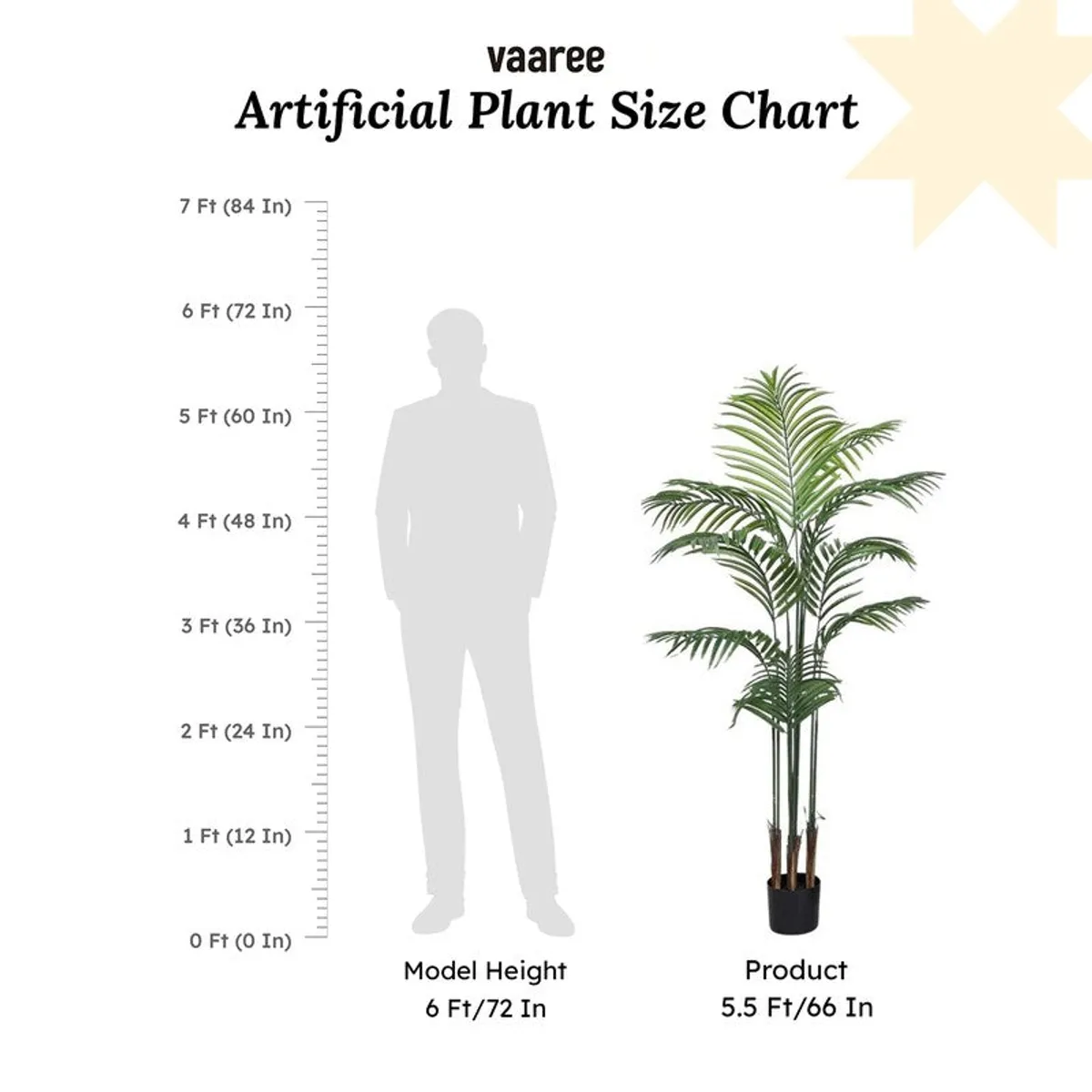 Artificial palm plant displayed beside a height comparison silhouette