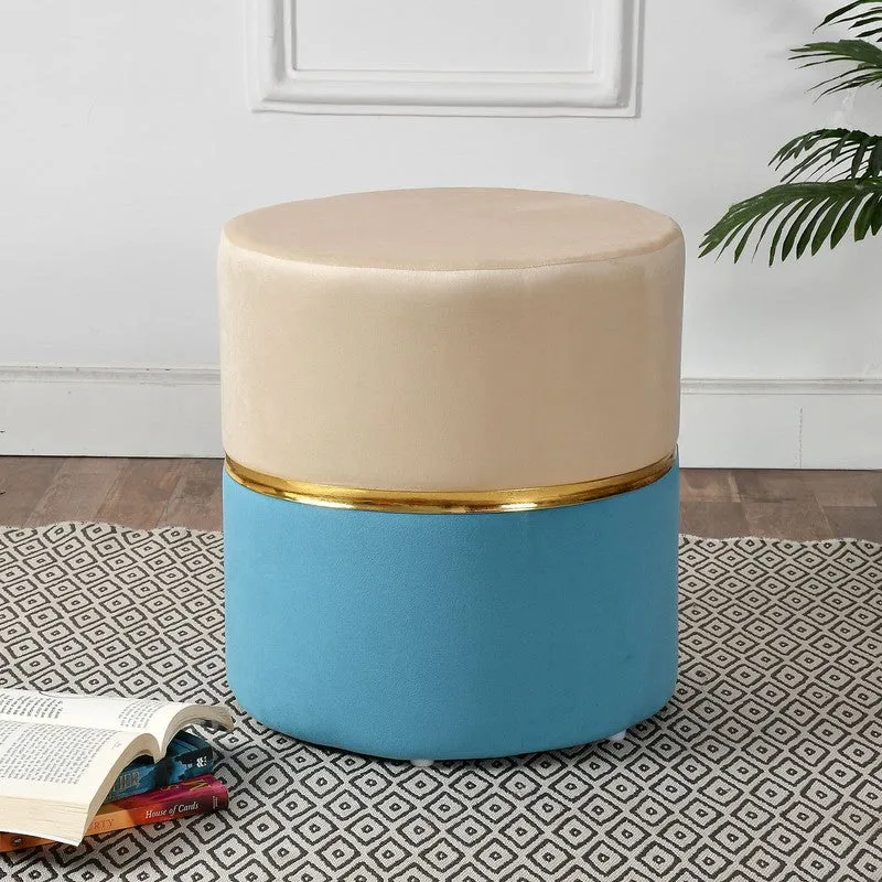 Dualtone Solid Velvet Pouffe - Beige & Blue media 1