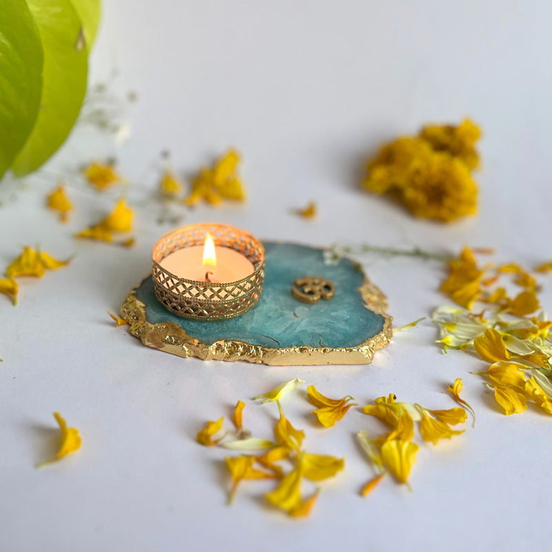 Om Handcrafted Agate Tealight Candle Holder - Turquoise