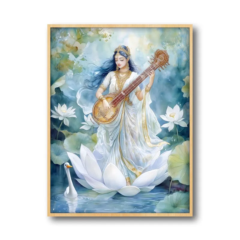 Veena Vaadhini Spiritual Archival Paper Wall Painting - Natural Brown Frame media 5