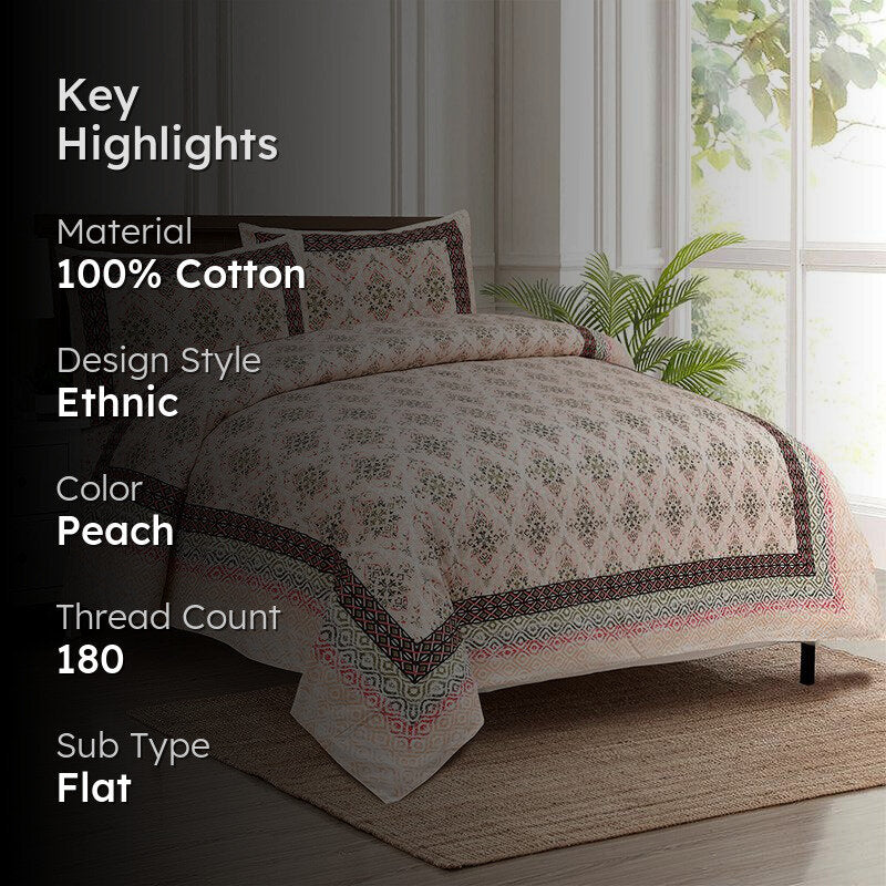 Rakta Ethnic Cotton Bedsheet (Peach) - 180 TC media 2