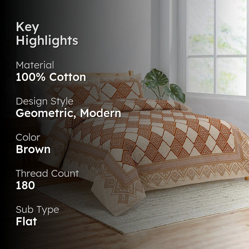 Shadh Geomatric Cotton Bedsheet (Brown) - 180 TC media 2