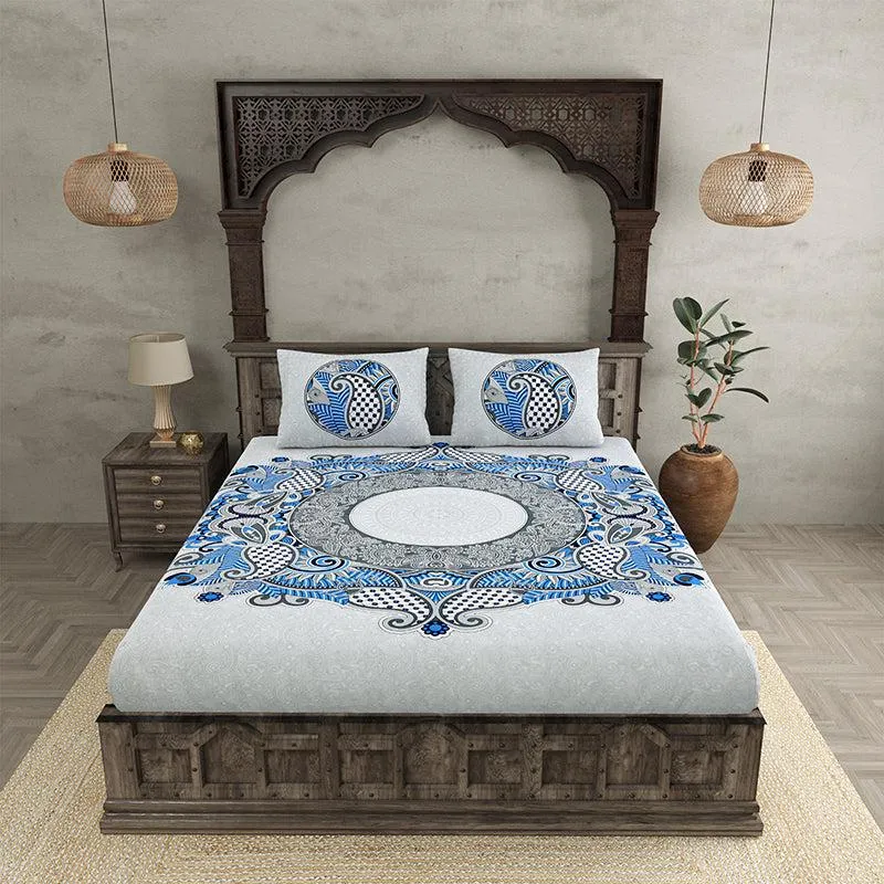 Padmini Pride Ethnic Cotton Bedsheet (Blue) - 140 TC media 5