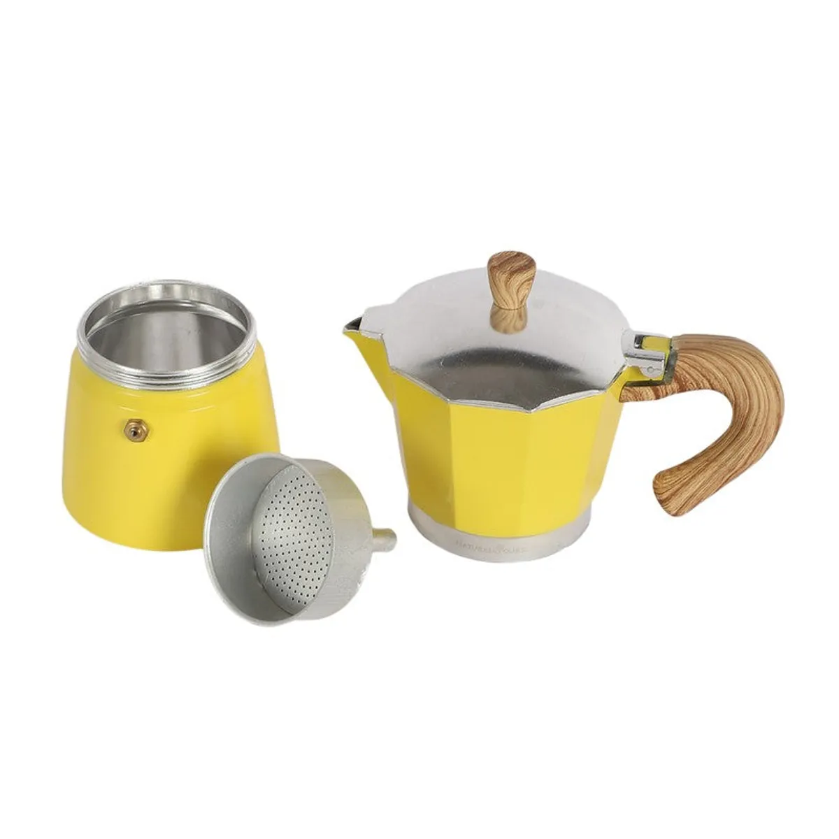 Yellow coffee maker shown with its internal filter component beside it