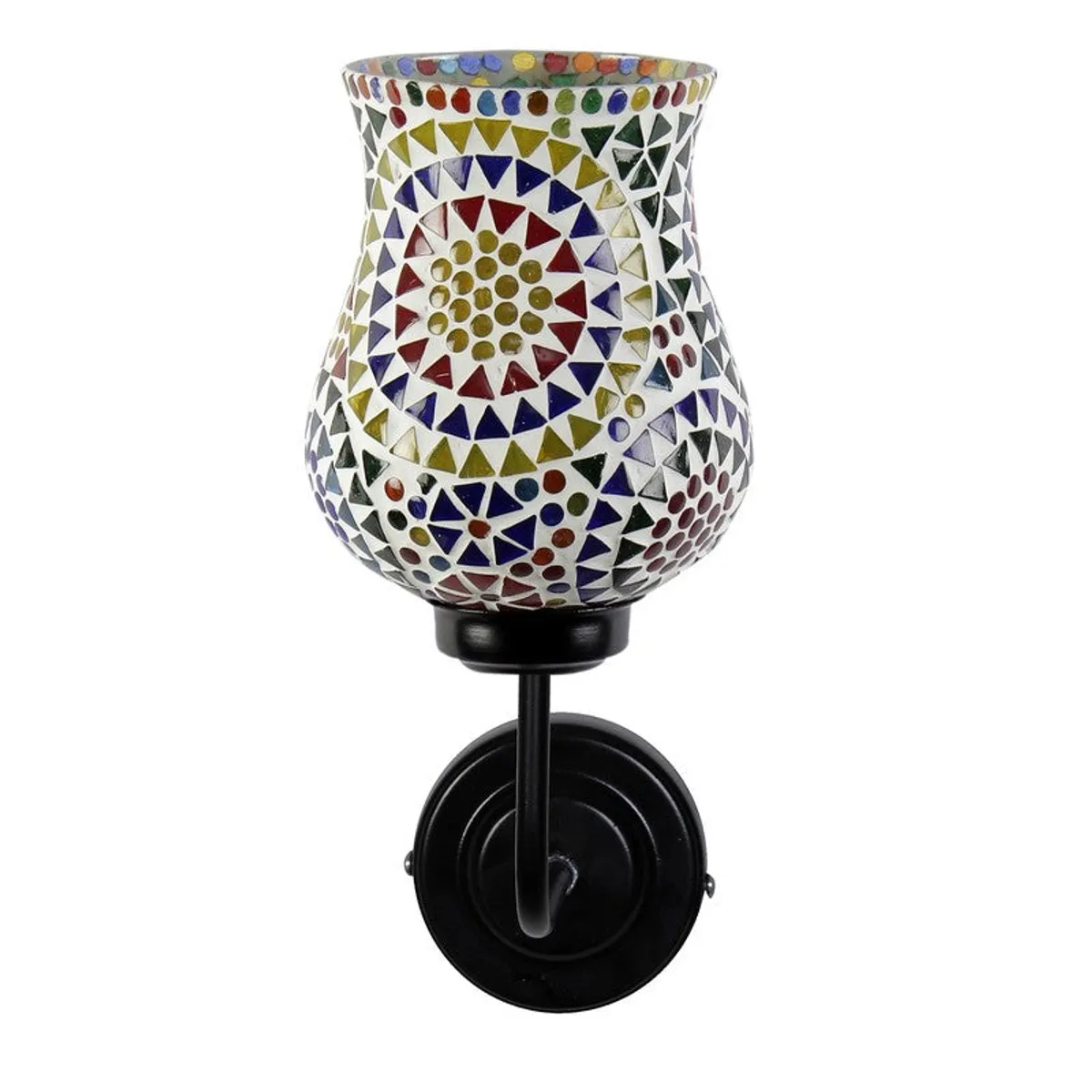 Front view of mosaic glass wall lamp with black iron wall base