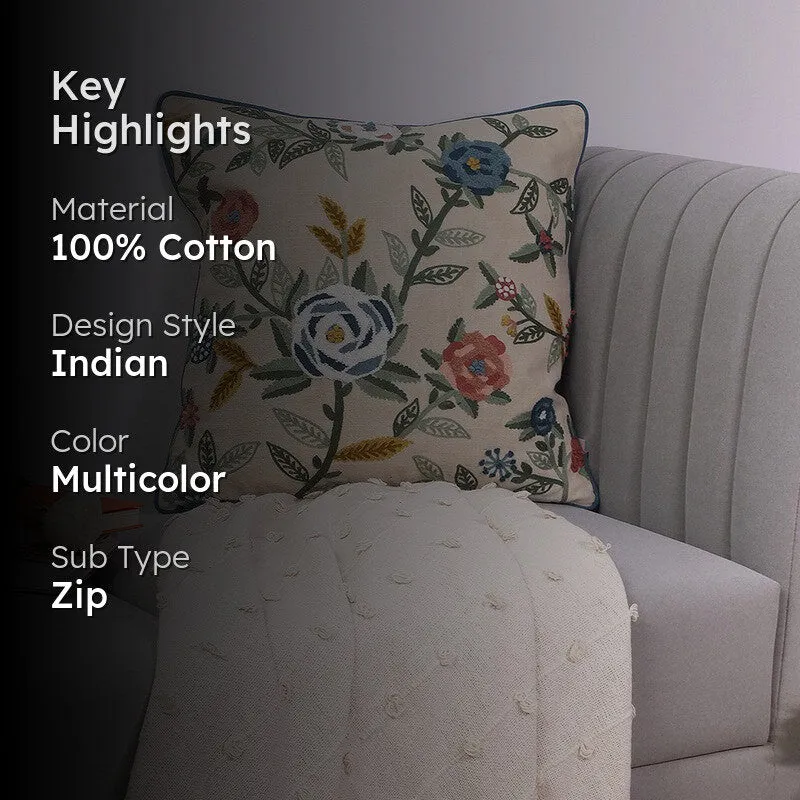 Indigo Petals Embroidered Cotton Cushion Cover media 2