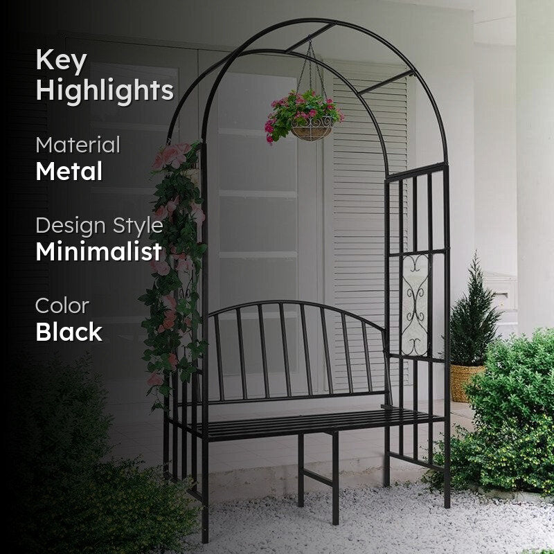 Arch Arbor Metal Outdoor Bench With Planter Stand - Black media 2