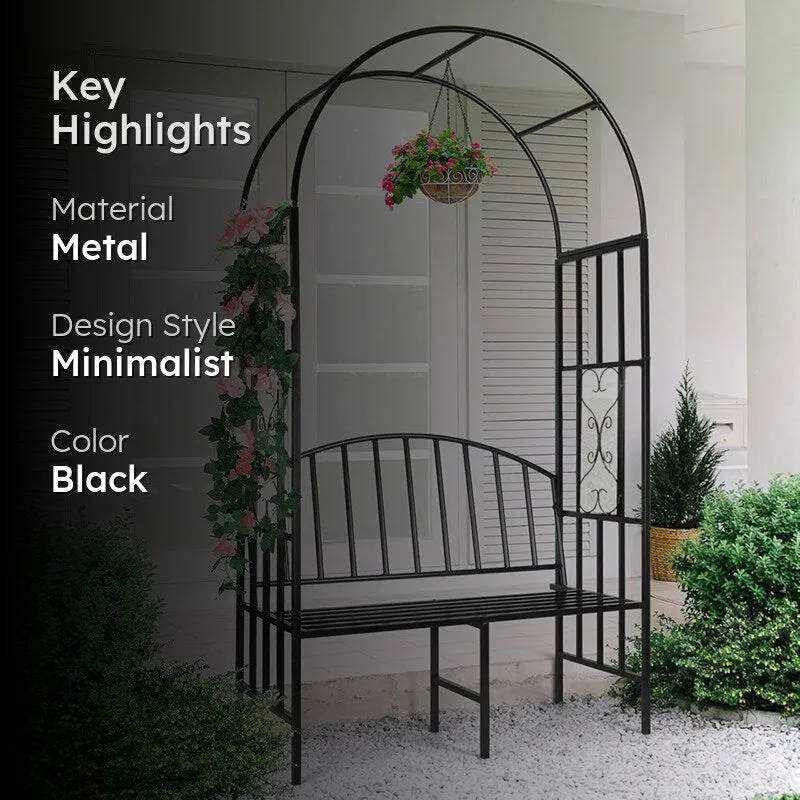 Arch Arbor Metal Outdoor Bench With Planter Stand - Black media 2