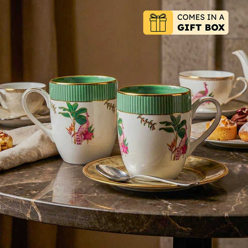 Gilded Mayura Coupe 24k Gold Brushed Porcelain Coffee Mug(280 mL Each) - Set Of Six